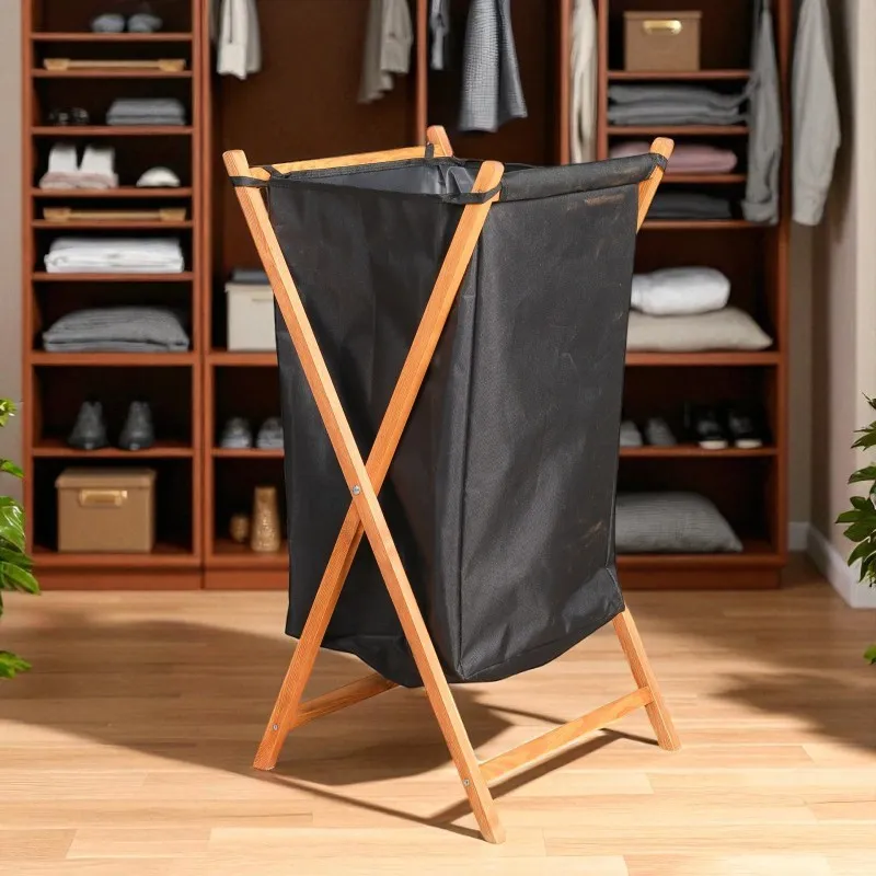Panier à Linge Pliable en Bois - Noir