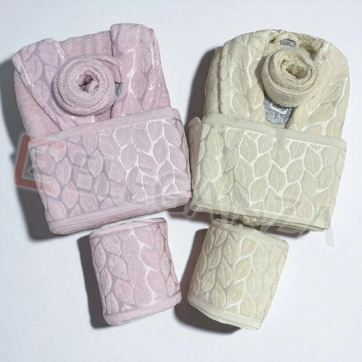 Cap de bain Homme et Femme  6 Piéces Velour ABM RICHA   - Rose bebe / Blanc cassé